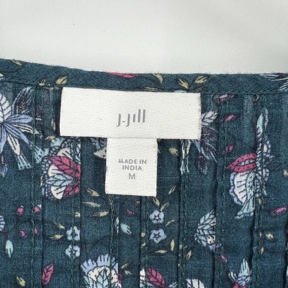 J. Jill 100% Cotton Pintucked Ditsy Floral Blouse Pleated Blue Green Size Medium - Picture 8 of 9